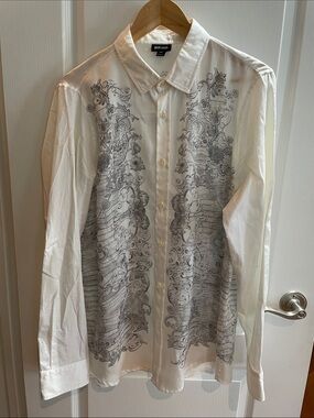 Just Cavalli White Dress Shirt with Gray Ornate Print Panels
